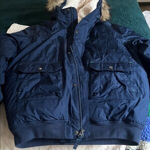 Lands' End expedition blue Jacket with Faux Fur Trim